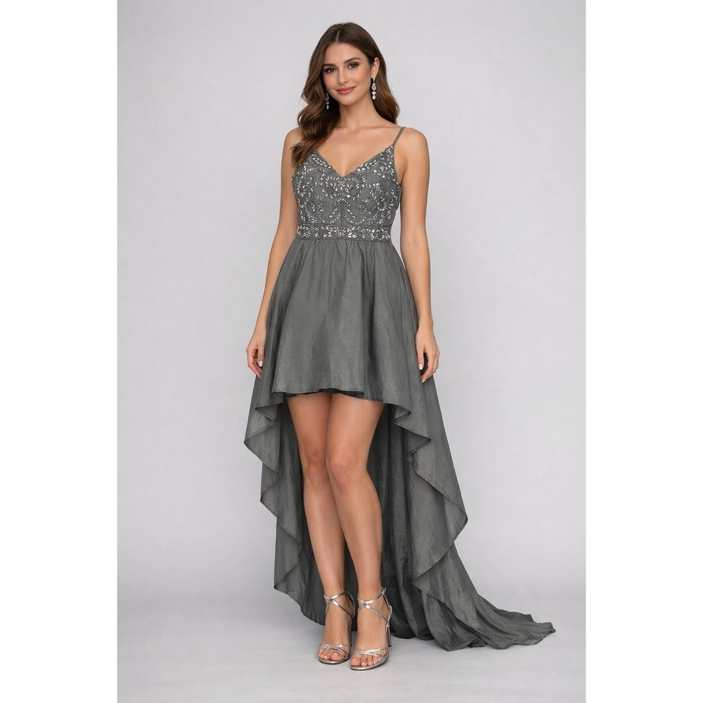 Vintage B Darlin High Low Formal Rhinestone Dress Gray Size 7/8 Spaghetti Strap